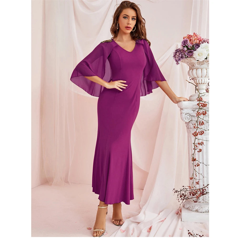 Women's V-Neck Polyester Long Sleeve Plain Pattern Party Dress