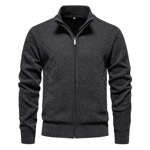 Men's Polyester Stand-Collar Full Sleeves Zipper Closure Sweater