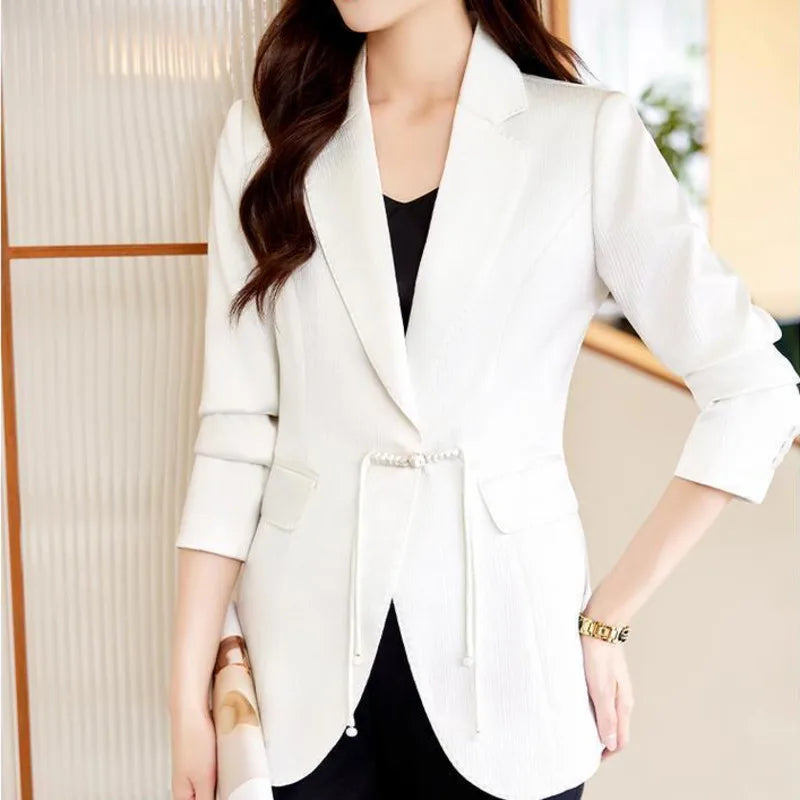 Women's Cotton Notched Long Sleeves Solid Pattern Casual Blazer