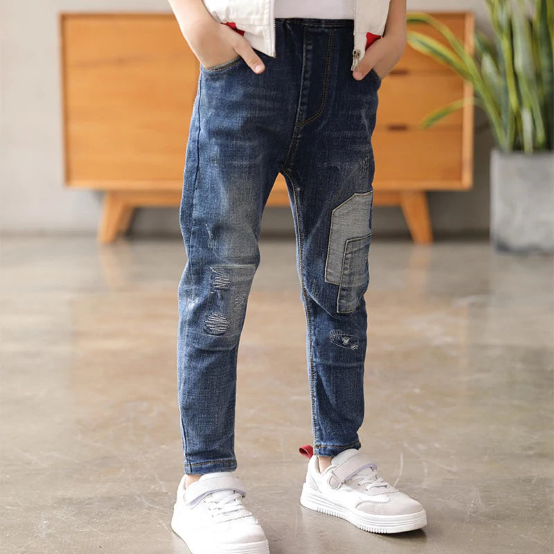 Kid's Cotton Mid Waist Elastic Closure Casual Wear Denim Pants