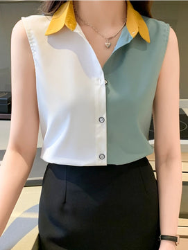 Women's Polyester Turn-Down Collar Sleeveless Casual Wear Blouse