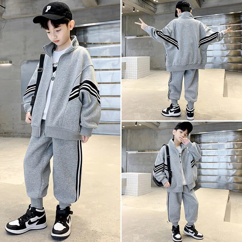 Kid's Boy Polyester Full Sleeves Zipper Striped Trendy Suit