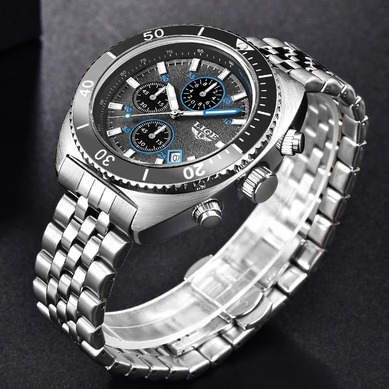 Men's Stainless Steel Push Button Hidden Clasp Waterproof Watches