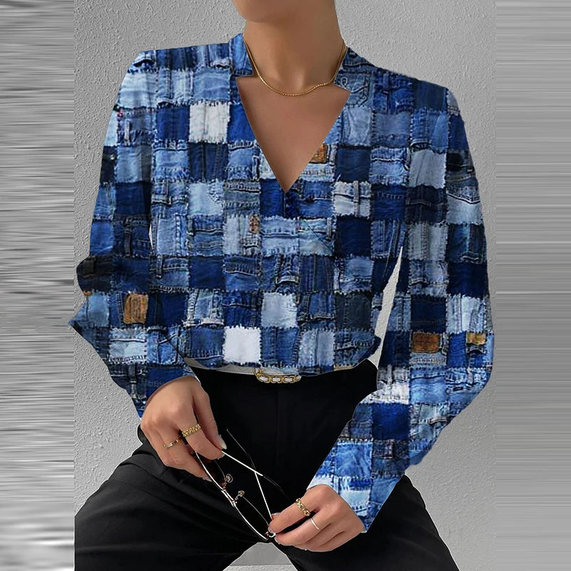 Women's Polyester V-Neck Long Sleeves Plaid Pattern Blouse