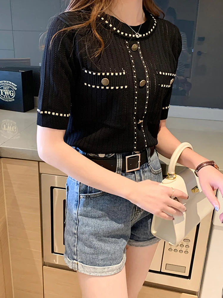 Women's Polyester O-Neck Short Sleeve Patchwork Casual Blouse