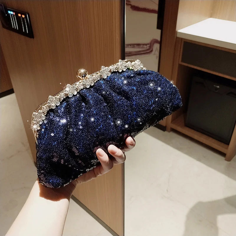 Women's Satin Hasp Closure Sequined Pattern Trendy Wedding Clutch