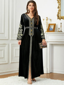 Women's Arabian Velvet Full Sleeves Embroidery Pattern Dress