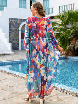 Women's Polyester V-Neck Bathing Printed Pattern Swimwear Dress