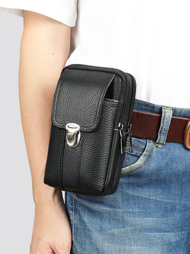 Men's Genuine Leather Solid Pattern Hasp Closure Waist Pack