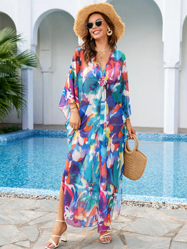 Women's Polyester V-Neck Bathing Printed Pattern Swimwear Dress