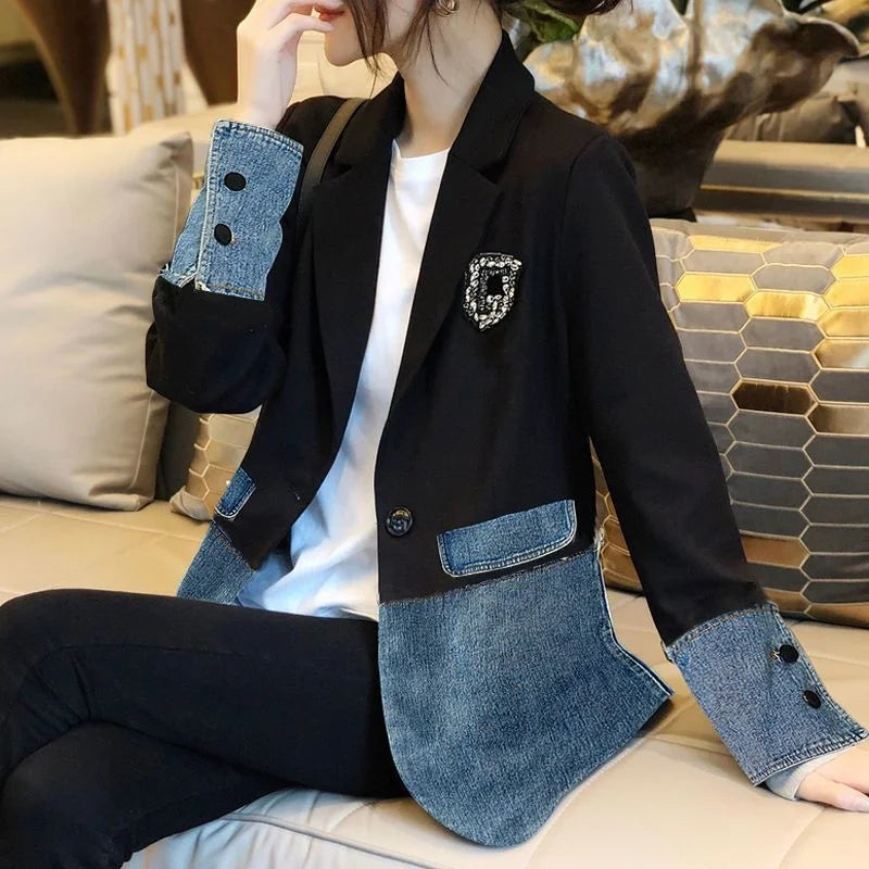 Women's Cotton Notched Long Sleeves Single Button Chic Blazer