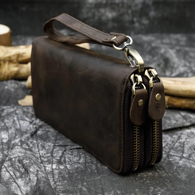 Men's Genuine Leather Solid Pattern Double Zipper Shoulder Bag