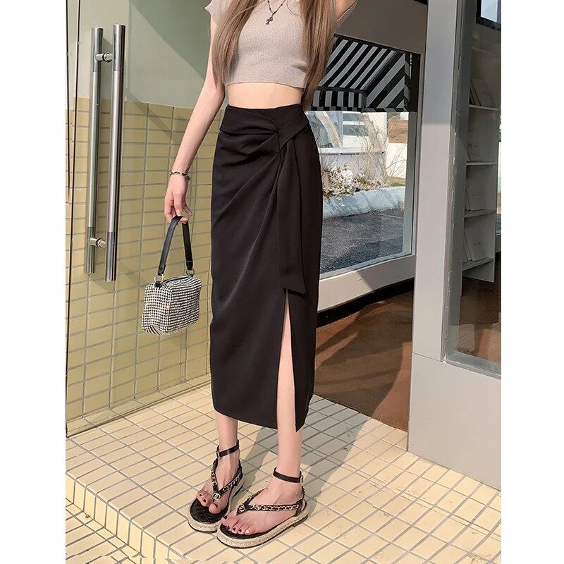 Women's Polyester High Elastic Waist Casual Solid Pattern Skirt