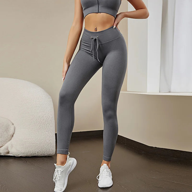 Women's Nylon High Waist Drawstring Closure Workout Leggings