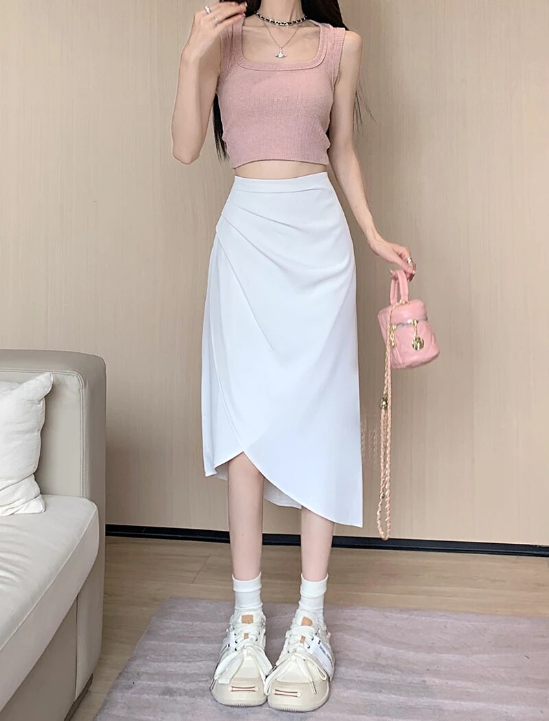 Women's Polyester High Elastic Waist Casual Plain Pattern Skirt