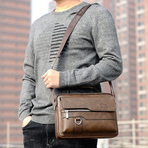 Men's PU Leather Zipper Closure Solid Pattern Elegant Shoulder Bag