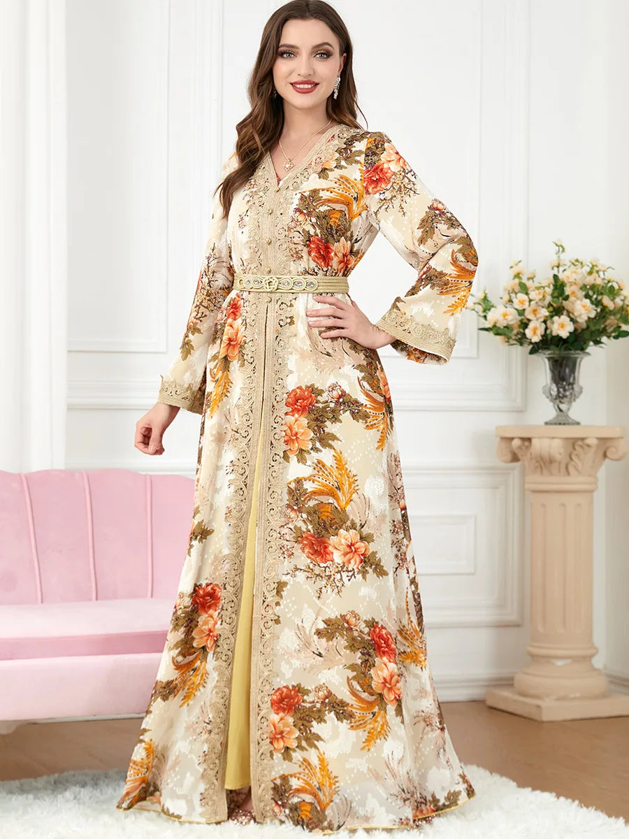 Women's Arabian Polyester Full Sleeves Floral Pattern Casual Dress