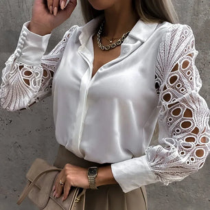 Women's Polyester Turn-Down Collar Long Sleeves Hollow Out Blouse