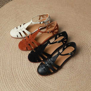Women's Genuine Leather Round Toe Buckle Strap Closure Slippers