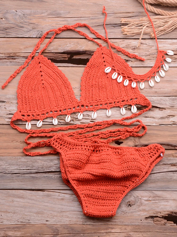 Women's Cotton Mid Waist Swimwear Knitted Pattern Bikini Set