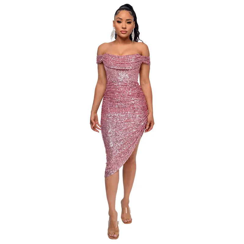 Women's Polyester Slash Neck Sleeveless Sequin Pattern Party Dress