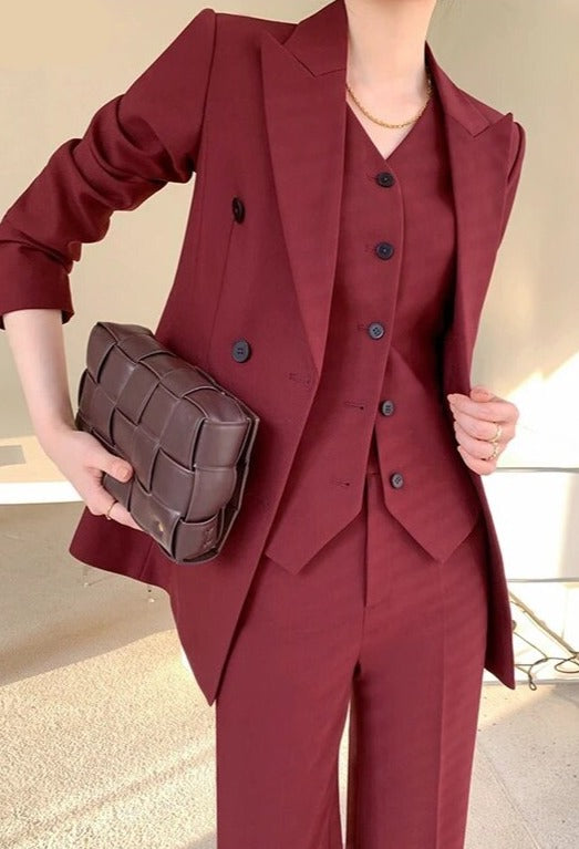 Women's Cotton Full Sleeves Double Breasted High Waist Blazer Set