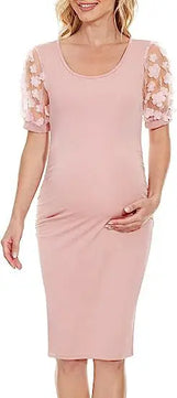 Women's Polyester O-Neck Short Sleeves Floral Maternity Dress