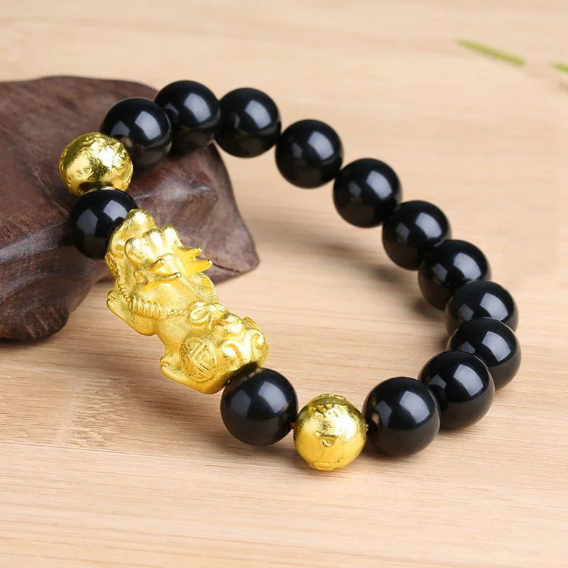 Men's Stone Round Pattern Bezel Setting Ethnic Pixiu Bracelet