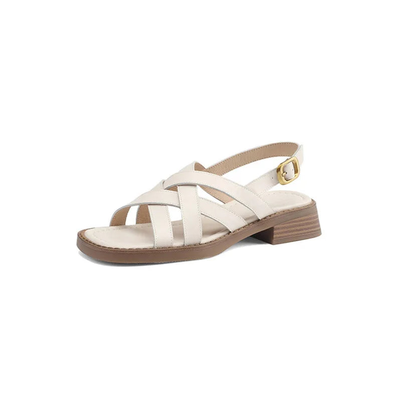 Women's Genuine Leather Square Toe Buckle Strap Closure Sandals