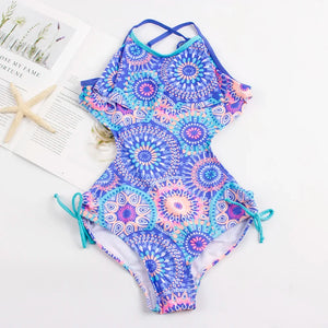 Kid's Polyester V-Neck Floral Pattern Trendy Swimwear Bathing Suit