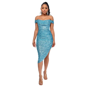 Women's Polyester Square-Neck Sequined Pattern Party Wear Dress