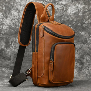 Men's Genuine Leather Zipper Closure Solid Pattern Shoulder Bag