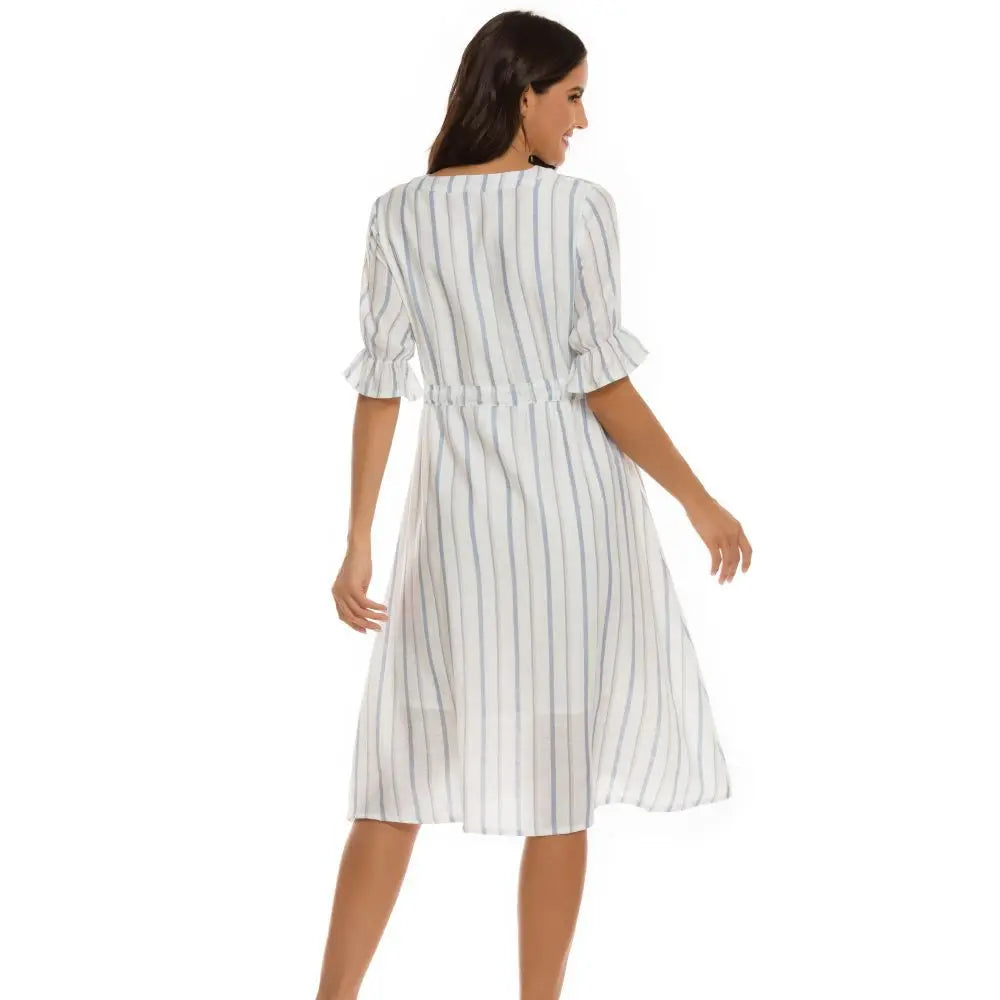 Women's Polyester V-Neck Short Sleeves Striped Maternity Dress