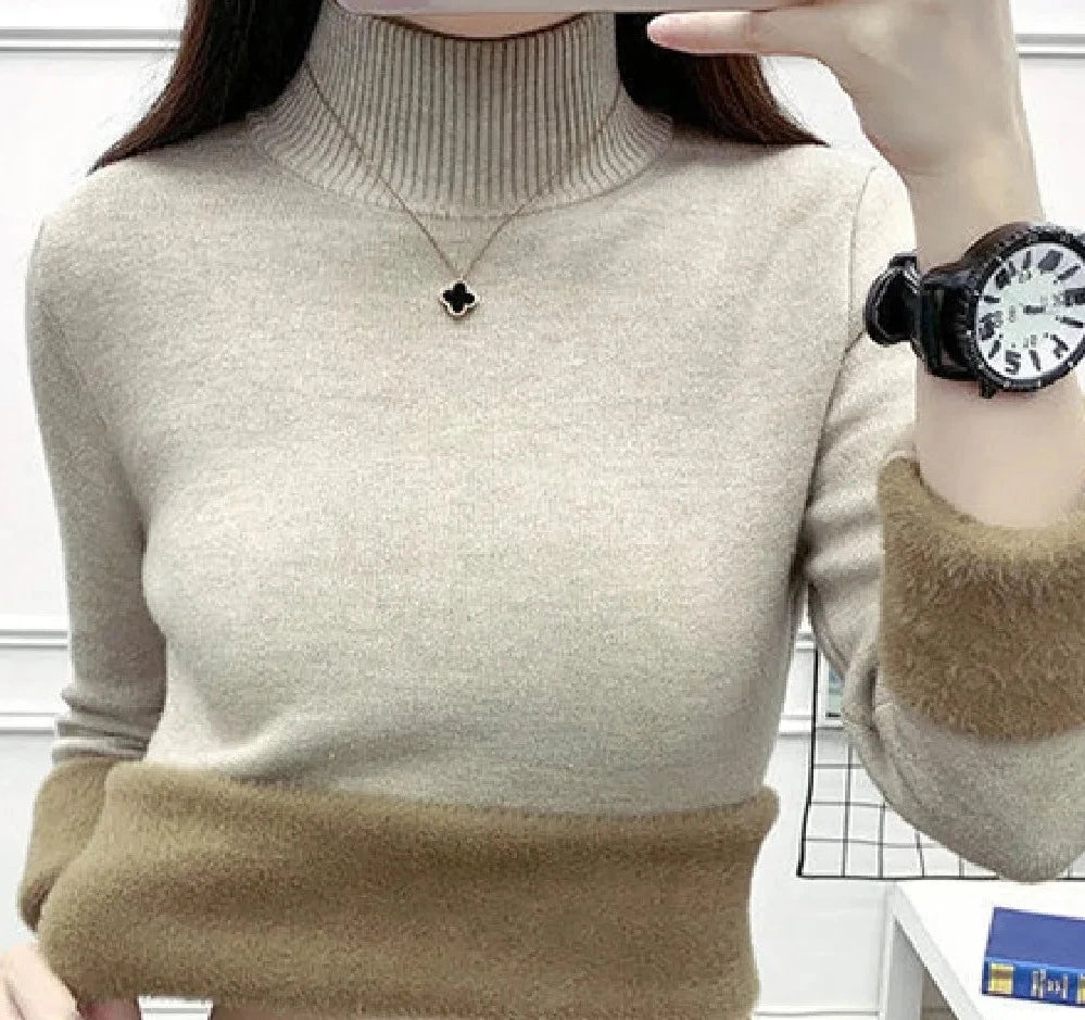 Women's Acrylic High-Neck Long Sleeve Pullover Casual Sweater