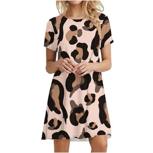 Women's Polyester Short Sleeves Leopard Pattern Mini Casual Dress