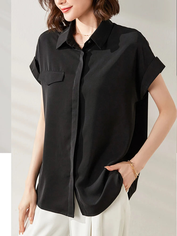 Women's Polyester Turn-Down Collar Short Sleeve Solid Blouse