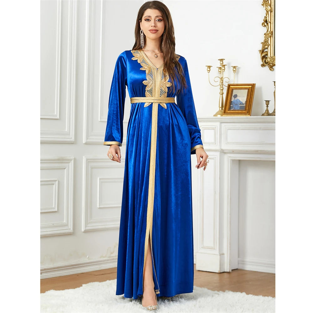 Women's Arabian V-Neck Polyester Full Sleeve Embroidery Dresses