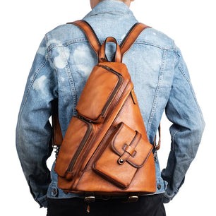 Men's Genuine Leather Solid Pattern Zipper Closure Backpack