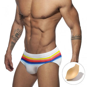 Men's Polyester Elastic Closure Striped Pattern Swimwear Brief