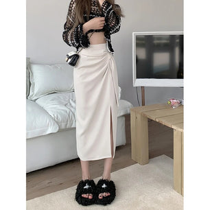 Women's Polyester High Elastic Waist Casual Solid Pattern Skirt