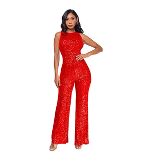 Women's Polyester O-Neck Sleeveless Sequined Pattern Jumpsuit