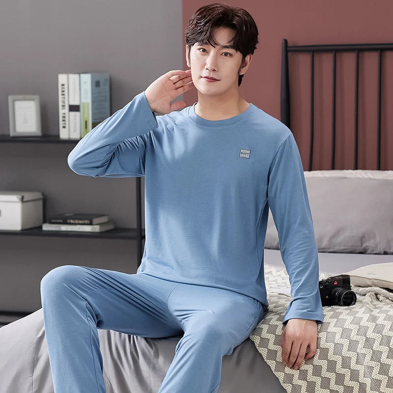 Men's Cotton O-Neck Long Sleeves Trendy Sleepwear Pajamas Set