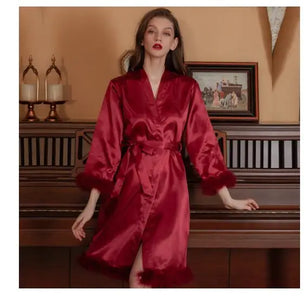 Women's Silk V-Neck Long Sleeves Nightgowns Sleepwear Dress