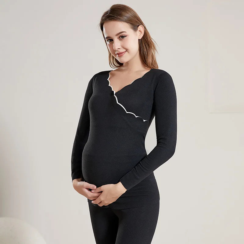 Women's Polyester V-Neck Full Sleeves Seamless Maternity Dress