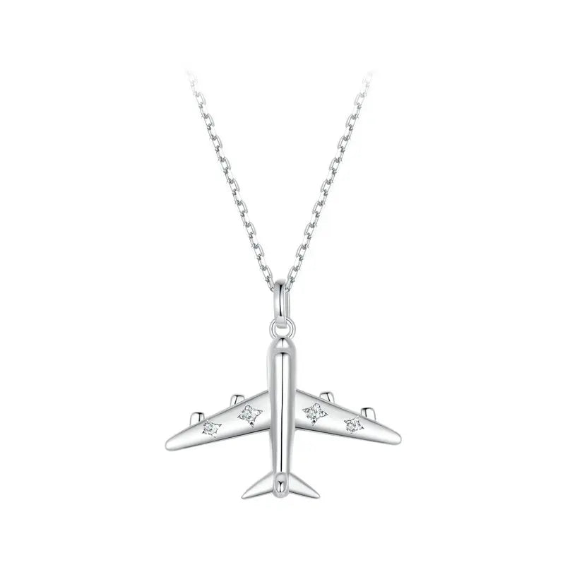 Women's 100% 925 Sterling Silver Zircon Link Chain Airplane Necklace