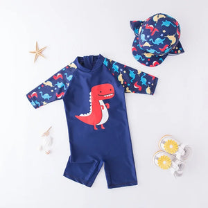 Kid's Girl Spandex Full Sleeve Printed Pattern Swimsuit With Cap