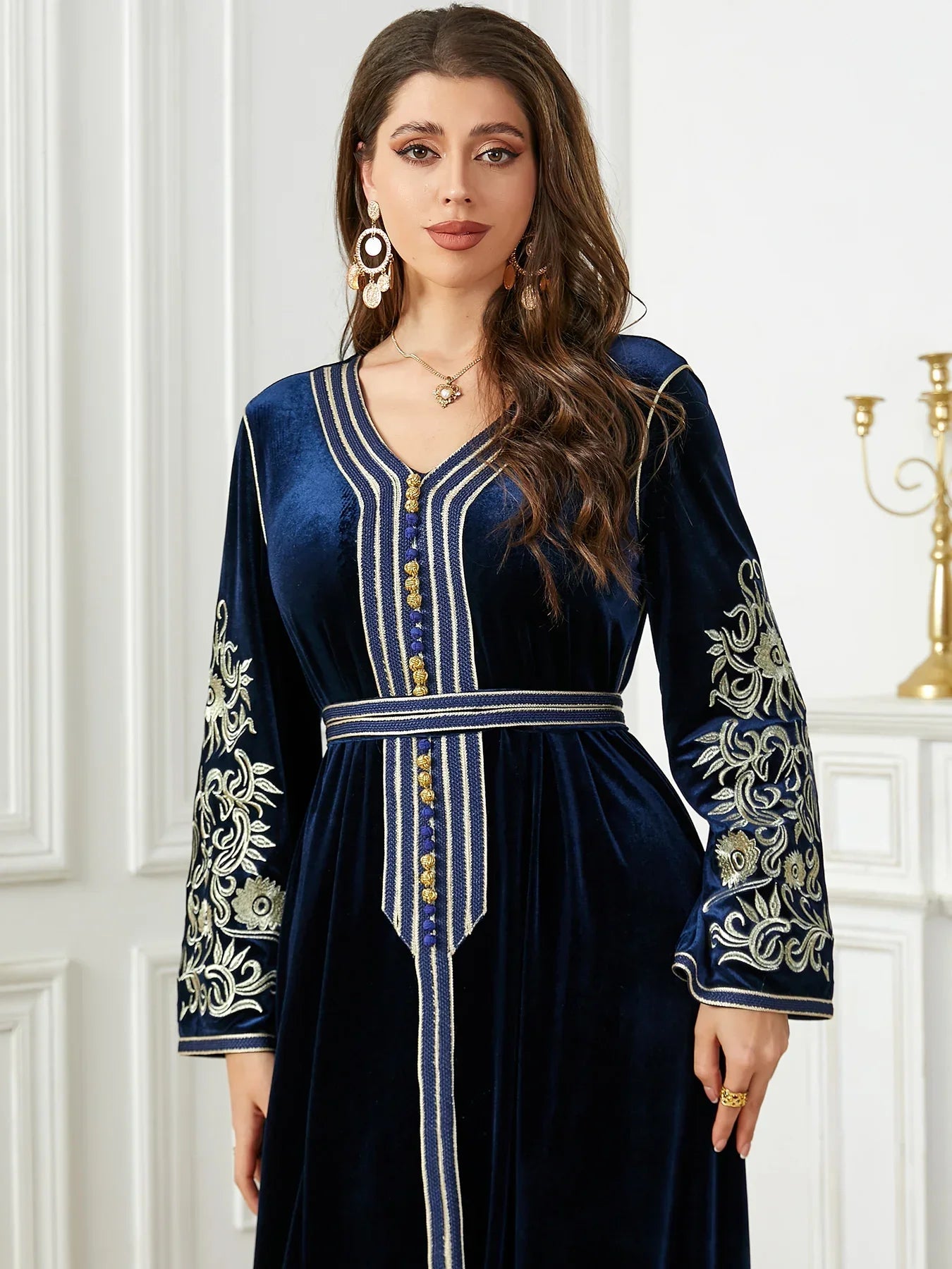 Women's Arabian Velvet Full Sleeves Embroidery Pattern Dress