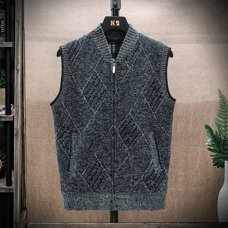 Men's Wool V-Neck Sleeveless Zipper Casual Wear Knitted Sweater