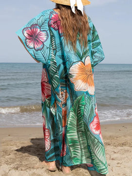 Women's Polyester O-Neck Bathing Floral Pattern Swimwear Dress