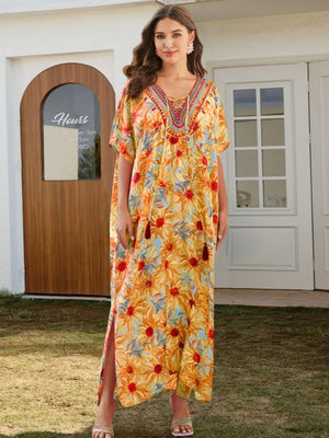 Women's Rayon V-Neck Short Sleeve Printed Pattern Maxi Dress